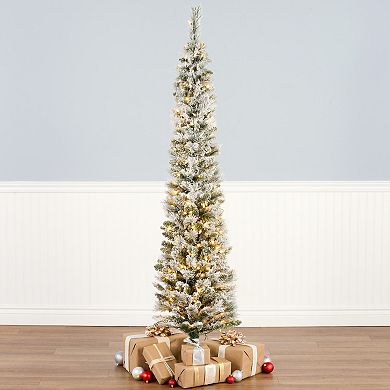 National Tree Company 6 ft. LED Pre-Lit Artificial Flocked Nooksack Fir Pencil Hinged Christmas Tree