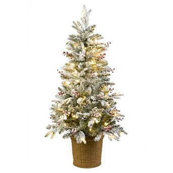National Tree Company 4 ft. LED Pre-Lit Artificial Feel Real Snowy Poechmann Fir Hinged Christmas Tree with Berries & Pinecones