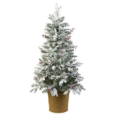 National Tree Company 4 ft. LED Pre-Lit Artificial Feel Real Snowy Poechmann Fir Hinged Christmas Tree with Berries & Pinecones