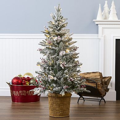 National Tree Company 4 ft. LED Pre-Lit Artificial Feel Real Snowy Poechmann Fir Hinged Christmas Tree with Berries & Pinecones