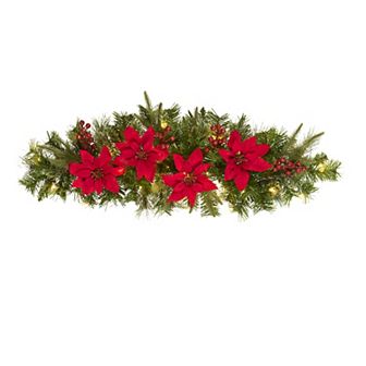 National Tree Company 3 ft. Feel Real Colonial Artificial Mantel Swag with Poinsettias, Berries & Battery Operated LED Lights