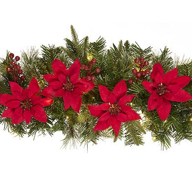 National Tree Company 3 ft. Feel Real Colonial Artificial Mantel Swag with Poinsettias, Berries & Battery Operated LED Lights