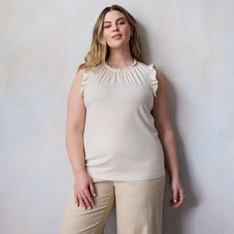 Plus Size LC Lauren Conrad Lace Ruffle Sleeve Crewneck Tank Top