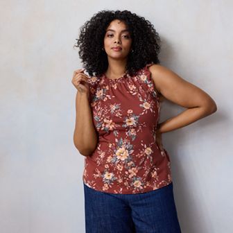 Plus Size LC Lauren Conrad Lace Ruffle Sleeve Crewneck Tank Top