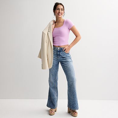 Juniors' SO® Cropped Short Sleeve Square Neck Drapey Ribbed Tee