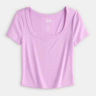 Juniors' SO® Cropped Short Sleeve Square Neck Drapey Ribbed Tee