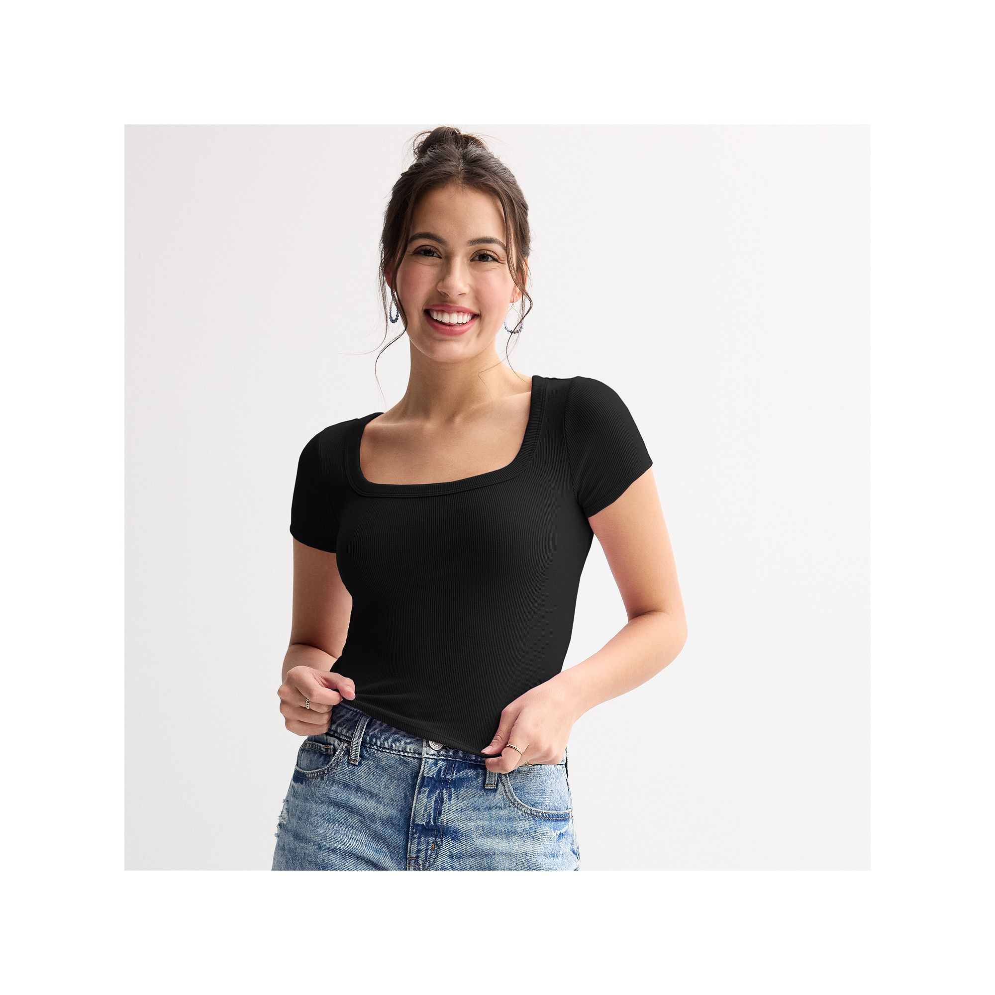Juniors SO® Cropped Short Sleeve Square Neck Drapey Ribbed Tee, Girls, S