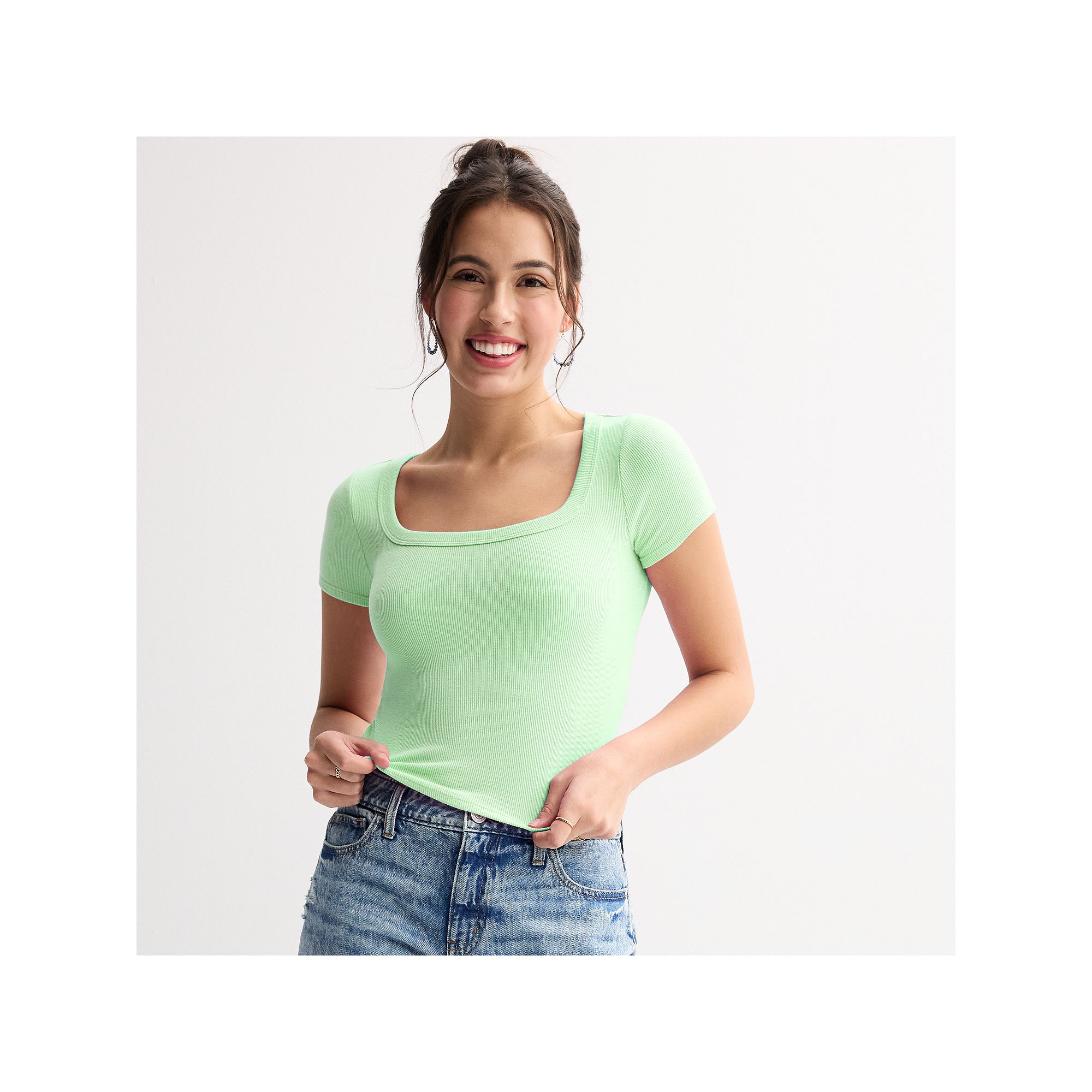 Juniors SO® Cropped Short Sleeve Square Neck Drapey Ribbed Tee, Girls, S