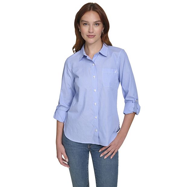 Nautica Women's Button Front Long Sleeve Roll Tab Shirt