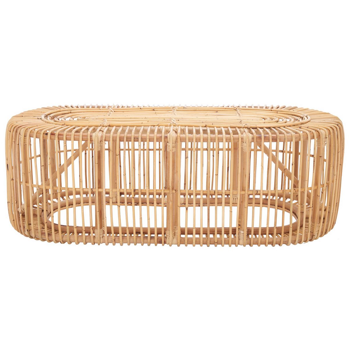 Safavieh Jabez oval coffee table top view with woven rattan frame