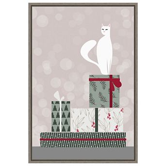 Retro Cat And Gifts By Rosana Laiz Blursbyai Framed Canvas Wall Art Print