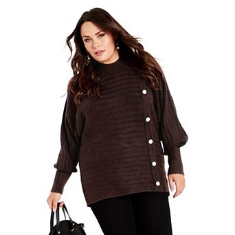 Avenue Women's Plus Size Beata Asymmetrical Button Knit Sweater