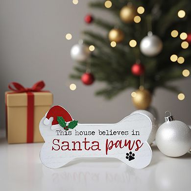 Parisloft This House Believes in Santa Paws Bone Shaped Dog Christmas Tabletop Sign