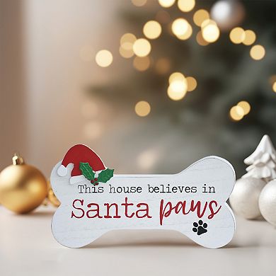 Parisloft This House Believes in Santa Paws Bone Shaped Dog Christmas Tabletop Sign