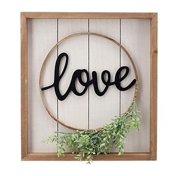 Parisloft Natural Wood Framed Love Sign with PVC Green Leaf, Farmhouse Wall Deocor, 13.75x15"