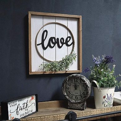 Parisloft Natural Wood Framed Love Sign with PVC Green Leaf, Farmhouse Wall Deocor, 13.75x15"