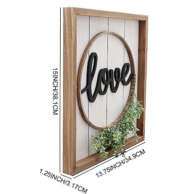 Parisloft Natural Wood Framed Love Sign with PVC Green Leaf, Farmhouse Wall Deocor, 13.75x15"