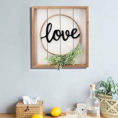 Parisloft Natural Wood Framed Love Sign with PVC Green Leaf, Farmhouse Wall Deocor, 13.75x15"