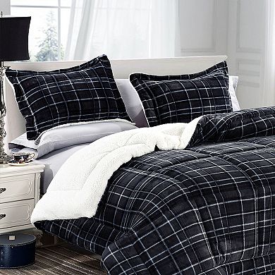 Elegant Comfort 3-piece Plaid Micro-suede Reversible Micromink Sherpa Comforter Set