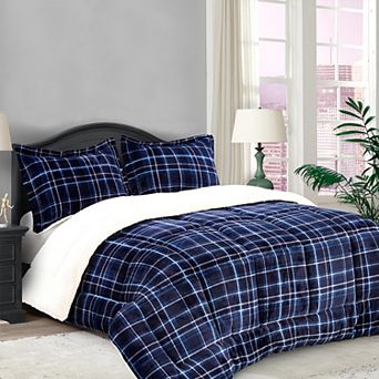 Elegant Comfort 3 pc Plaid Micro-suede Reversible Micromink Sherpa Comforter Set