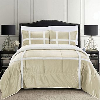 Elegant Comfort 3 pc Stripe Micro-suede Reversible Sherpa Comforter Set