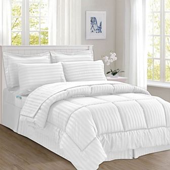 Elegant Comfort 8 pc Dobby Stripe Comforter Set - Include 4 pc Sheet Set with Double Sided Pockets