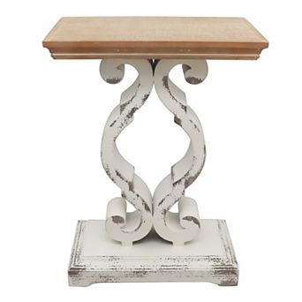 Parisloft Rustic Wood Rectangle End Table with Natural Wood Top and Distressed White Carved Legs
