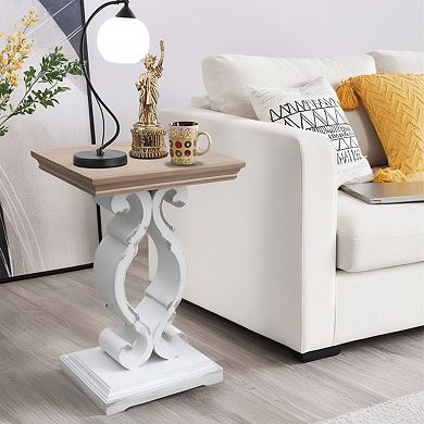 Parisloft Rustic Wood Rectangle End Table with Natural Wood Top and Distressed White Carved Legs