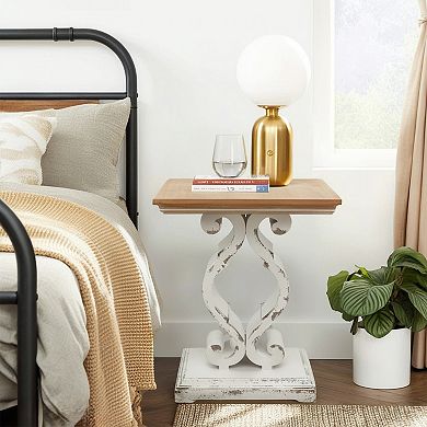 Parisloft Rustic Wood Rectangle End Table with Natural Wood Top and Distressed White Carved Legs