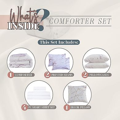 Elegant Comfort Reversible 10-pc Marble Comforter Set,with 6-pc Sheet Set With Sided Storage Pocket
