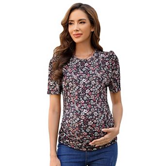 Maternity Shirts Women's Casual Tops Pregnancy Short Sleeve Striped Ruched Side Tunic Top