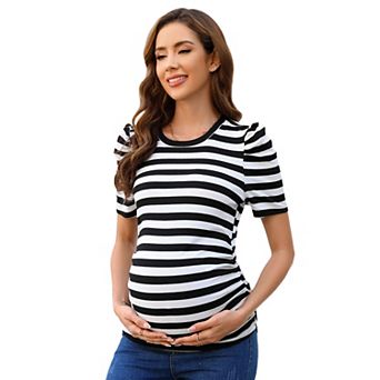 Maternity Shirts Women's Casual Tops Pregnancy Short Sleeve Striped Ruched Side Tunic Top