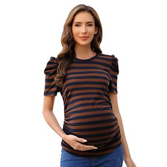 Maternity Shirts Women's Casual Tops Pregnancy Short Sleeve Striped Ruched Side Tunic Top