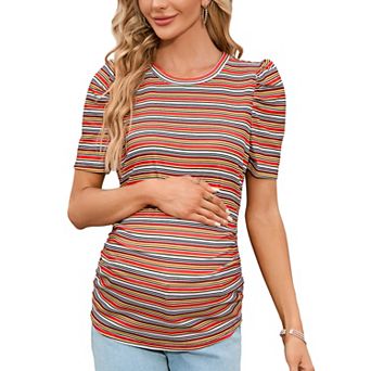 Maternity Shirts Women's Casual Tops Pregnancy Short Sleeve Striped Ruched Side Tunic Top