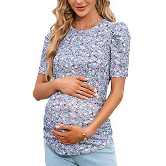 Maternity Shirts Women's Casual Tops Pregnancy Short Sleeve Striped Ruched Side Tunic Top
