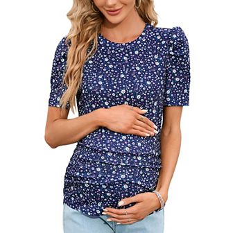 Maternity Shirts Women's Casual Tops Pregnancy Short Sleeve Striped Ruched Side Tunic Top