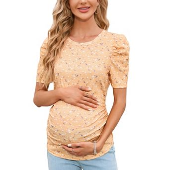 Maternity Shirts Women's Casual Tops Pregnancy Short Sleeve Striped Ruched Side Tunic Top