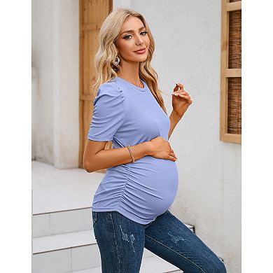 Maternity Shirts Women's Floral Print Tops Pregnancy Short Sleeve Striped Ruched Side Tunic Top