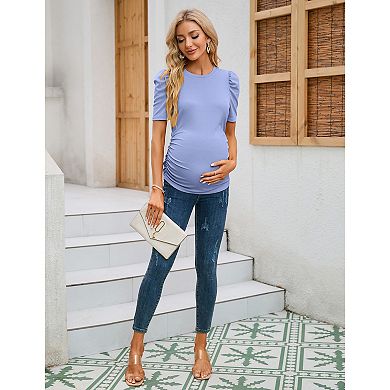 Maternity Shirts Women's Floral Print Tops Pregnancy Short Sleeve Striped Ruched Side Tunic Top