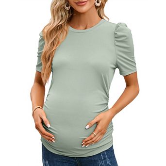 Maternity Shirts Women's Floral Print Tops Pregnancy Short Sleeve Striped Ruched Side Tunic Top