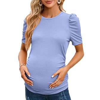 Maternity Shirts Women's Floral Print Tops Pregnancy Short Sleeve Striped Ruched Side Tunic Top