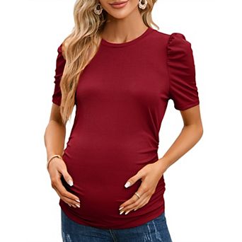 Maternity Shirts Women's Floral Print Tops Pregnancy Short Sleeve Striped Ruched Side Tunic Top