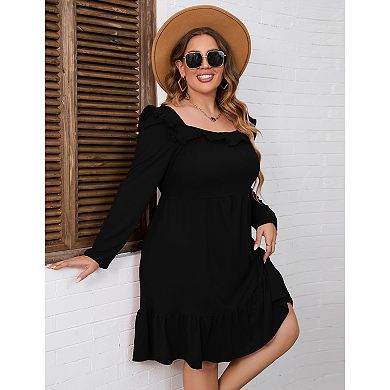 Women's Plus Size Ruffle Square Neck Long Sleeve Dress A Line High Waist Midi Dress With Belted