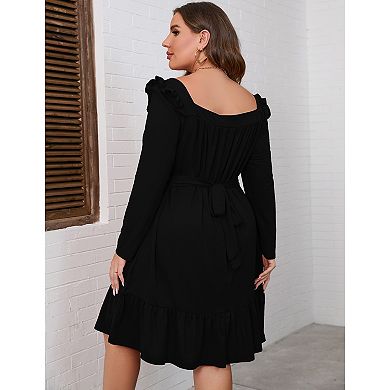 Women's Plus Size Ruffle Square Neck Long Sleeve Dress A Line High Waist Midi Dress With Belted