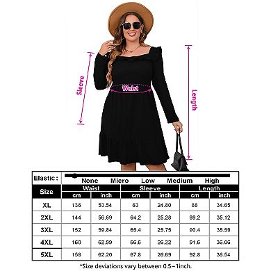Women's Plus Size Ruffle Square Neck Long Sleeve Dress A Line High Waist Midi Dress With Belted
