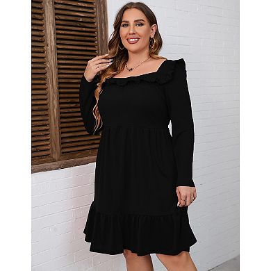 Women's Plus Size Ruffle Square Neck Long Sleeve Dress A Line High Waist Midi Dress With Belted