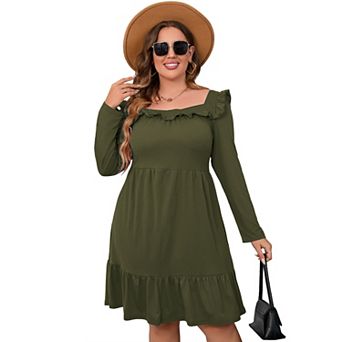 Women's Plus Size Ruffle Square Neck Long Sleeve Dress A Line High Waist Midi Dress With Belted