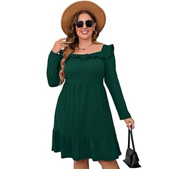 Women's Plus Size Ruffle Square Neck Long Sleeve Dress A Line High Waist Midi Dress With Belted