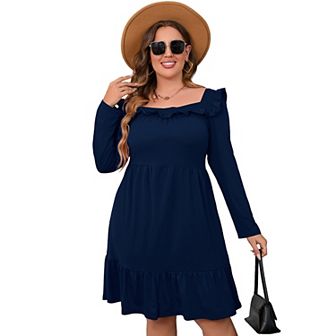Women's Plus Size Ruffle Square Neck Long Sleeve Dress A Line High Waist Midi Dress With Belted
