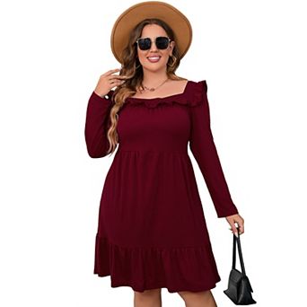 Women's Plus Size Ruffle Square Neck Long Sleeve Dress A Line High Waist Midi Dress With Belted